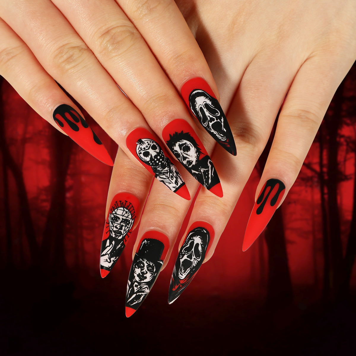 European And American Halloween Manicure Red With Contrasting Black Skull Grimace Portrait Nail Tip